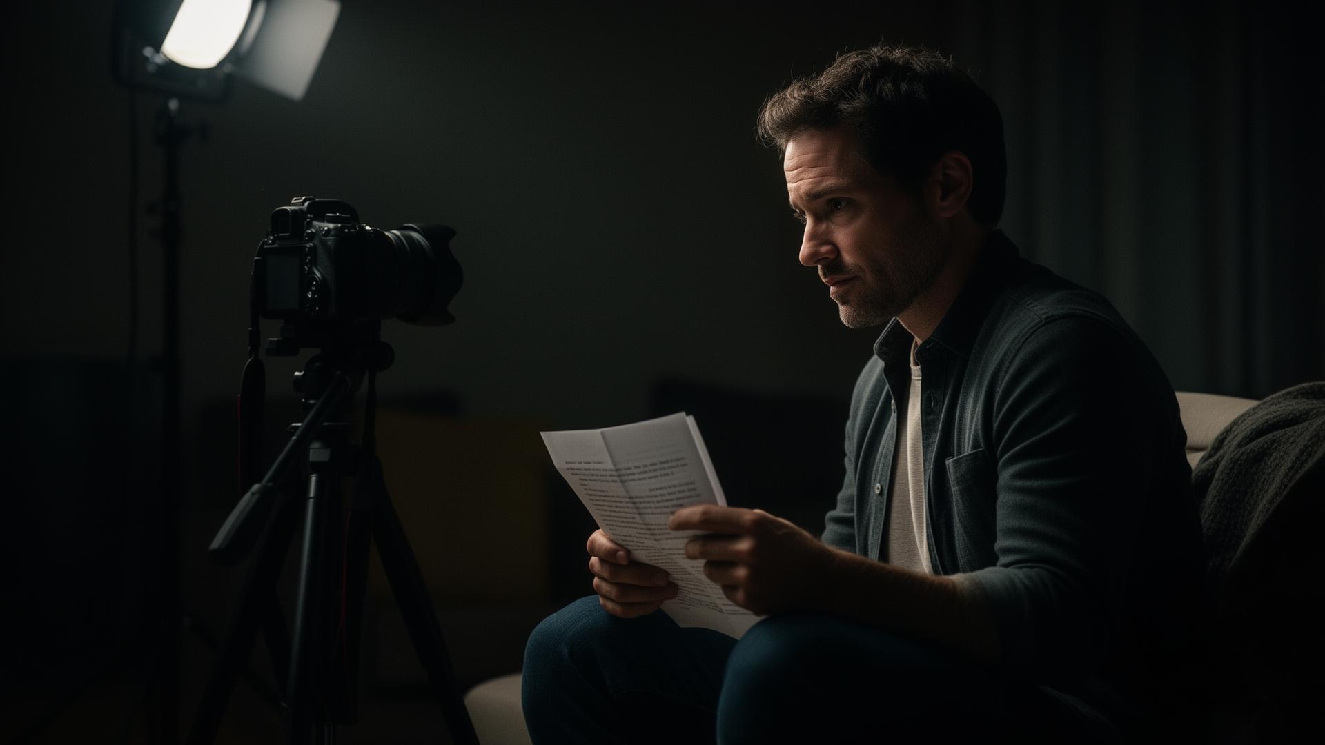 Actor recording a self-tape with a tripod camera and key light
